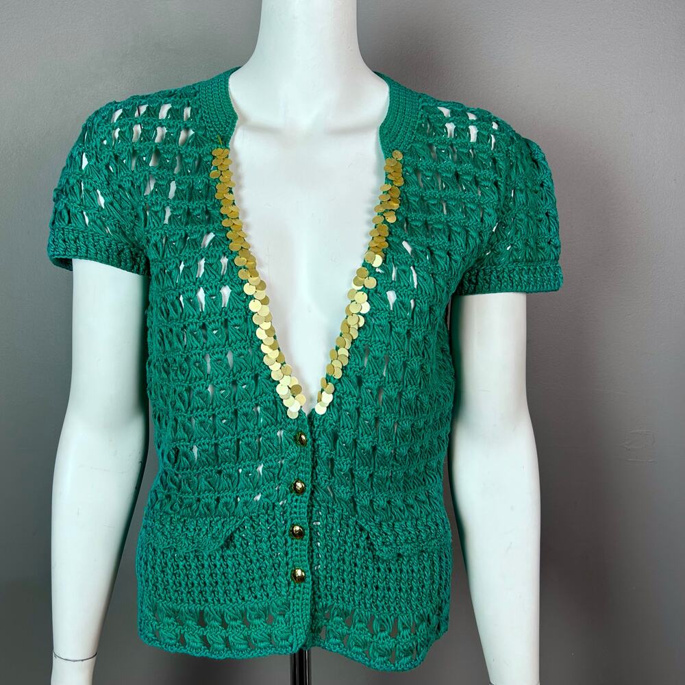 Beth Bowley cardigan sweater large vtg crochet sequin cottagecore‎ green granny